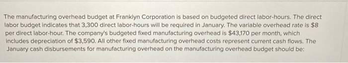 The manufacturing overhead budget at franklyn corporation