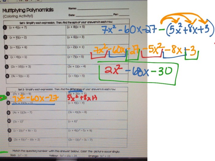 Multiplying polynomials worksheet coloring activity answers